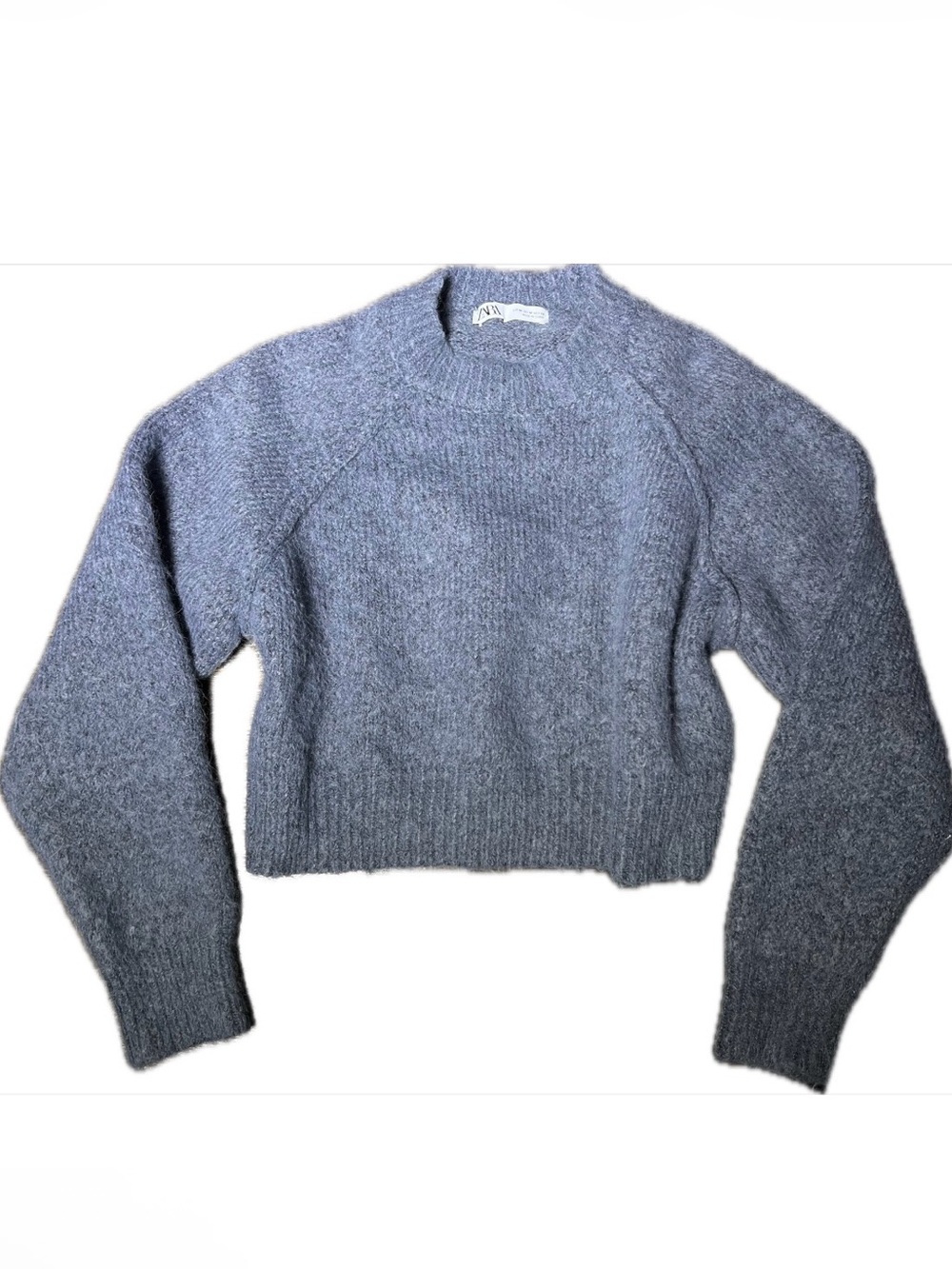 Zara Dusty Blue Chunky Knit Cropped Crewneck Sweater
